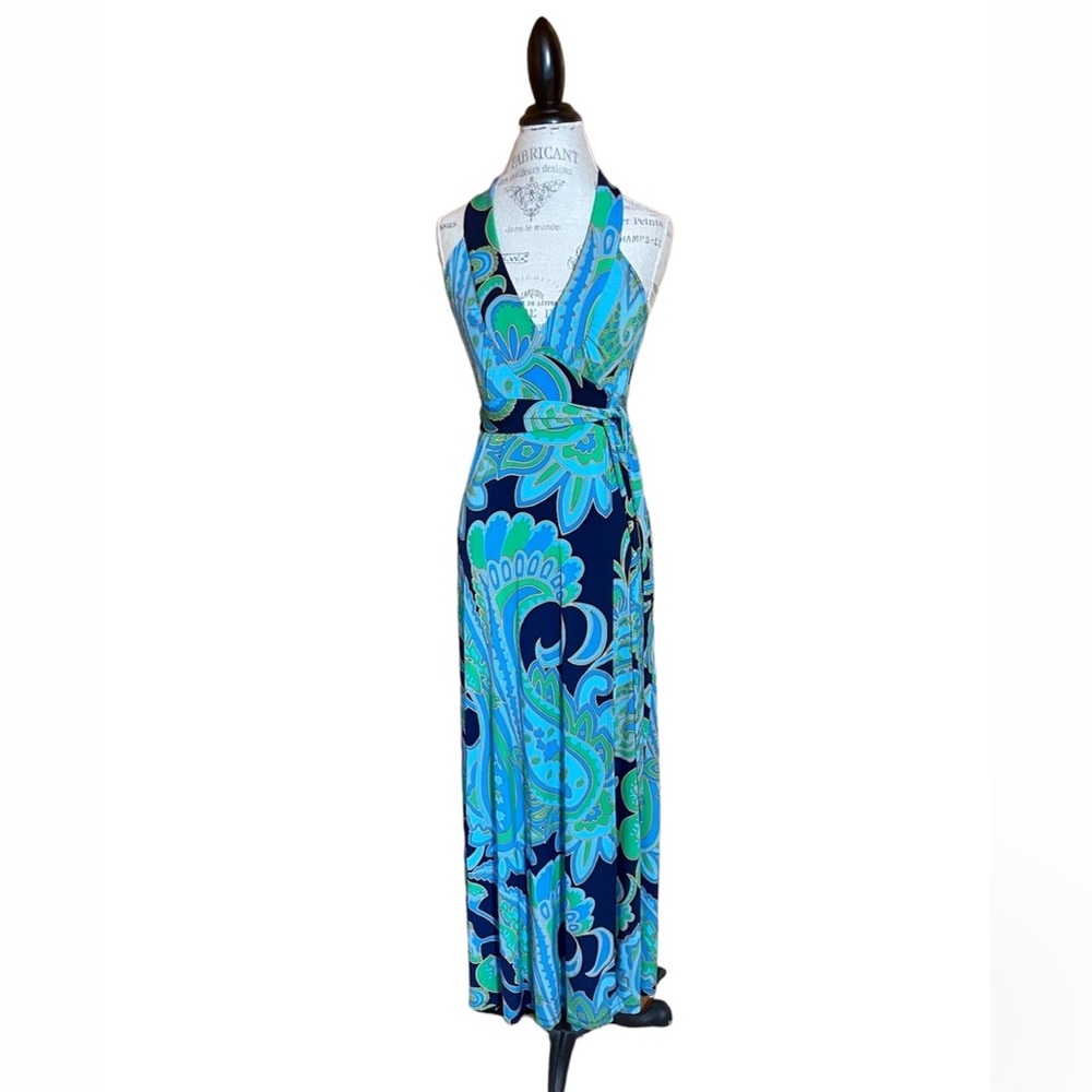 Veronicam. Blue Green Print Long Maxi Wrap V Neck Dress Sz S NWOT